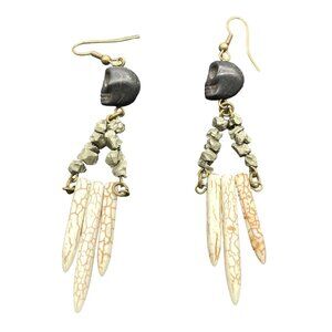 Stone Beaded Skull Spike Dangle Drop Earrings Brass Tone Halloween Pagan